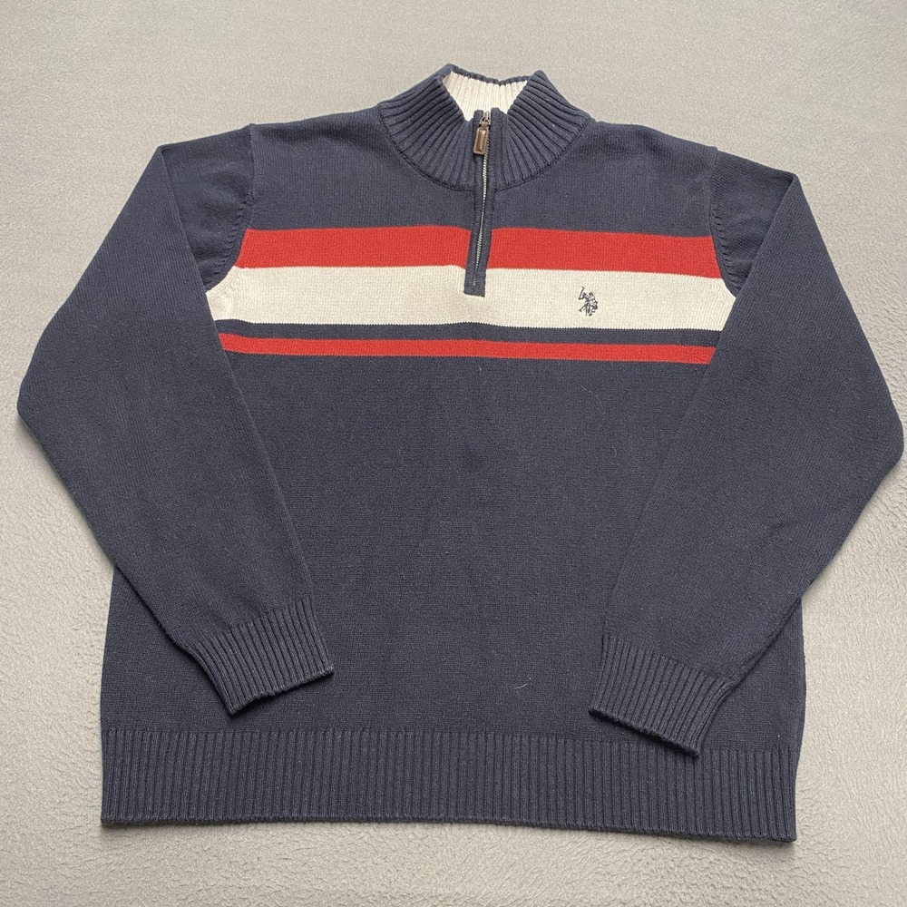 U.S. Polo Assn Sweater Mens Extra Large Navy Quarter‎ Zip Mock Neck Stripe Knit